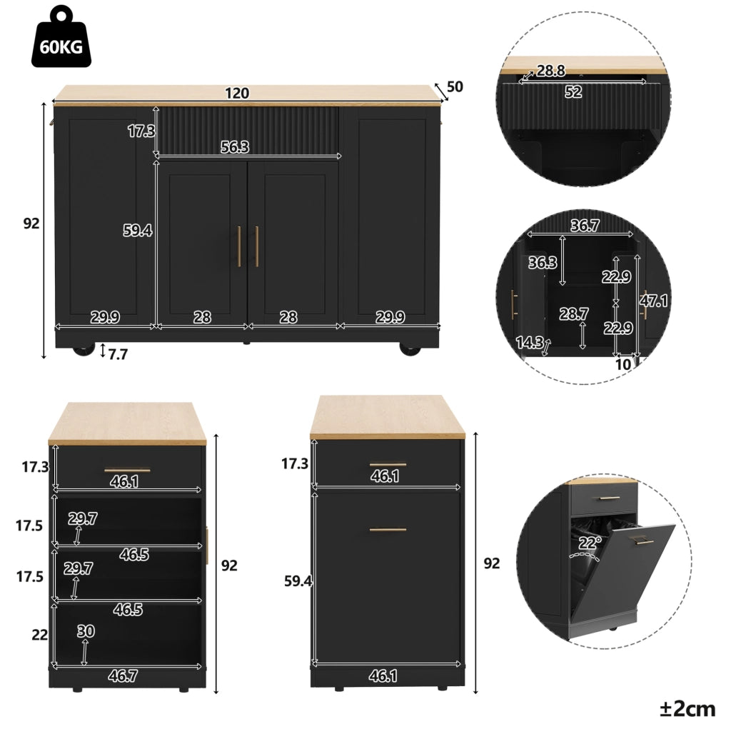 Isola cucina mobile 120x50x92 cm con vano portarifiuti