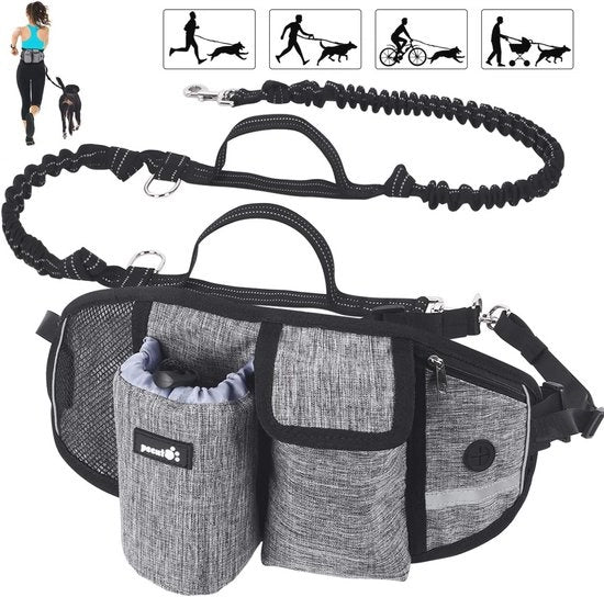 Cinturino per Cani a Mano Libera con Cinturino di Supporto Largo e Striscia Riflettente - Assorbimento dell'Impatto e Regolabile - 2 Maniglie e Tasca per Telefono - Sopporta fino a 60 kg