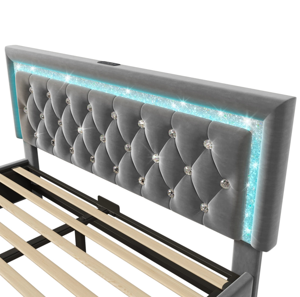 Letto matrimoniale 140x200 cm in velluto grigio con LED integrato; USB e Type-C; contenitore idraulico