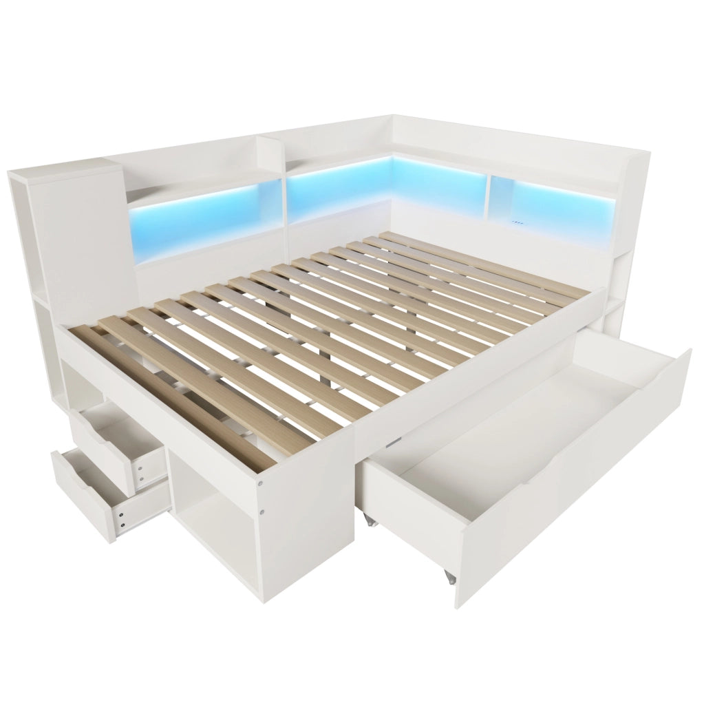 Letto da giorno ULEVR 140x200 cm con materasso, LED, USB e Type-C, cassetti e ripiani, bianco