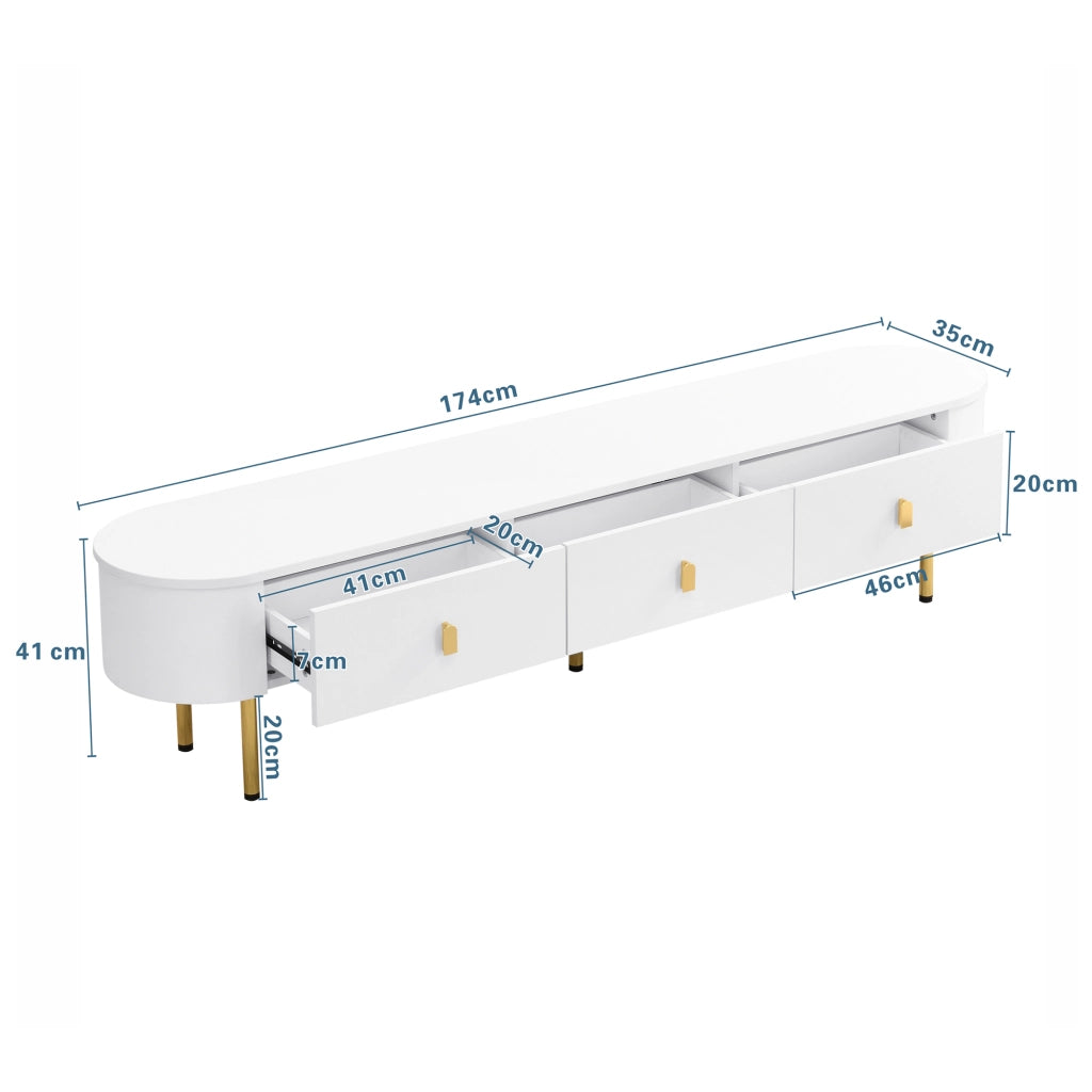 Mobile Porta TV con 3 Cassetti; Maniglie e Piedini Dorati; Angoli Arrotondati; Finitura Laccata; in MDF; 174??35??41 cm; Bianco