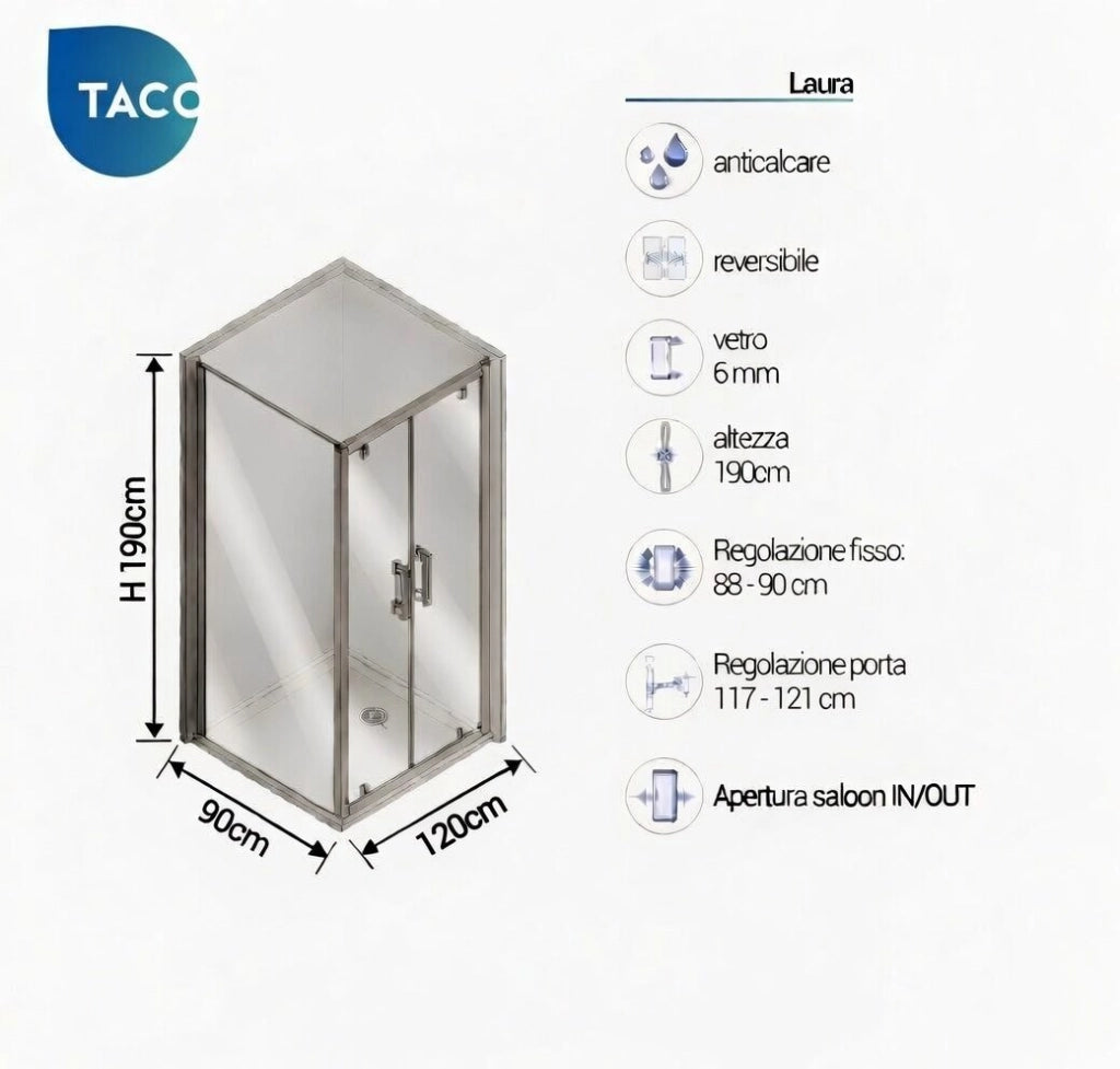Box Doccia 2 lati 90x120 cm fisso + due battenti h190cm LAURA - Cromato Lucido