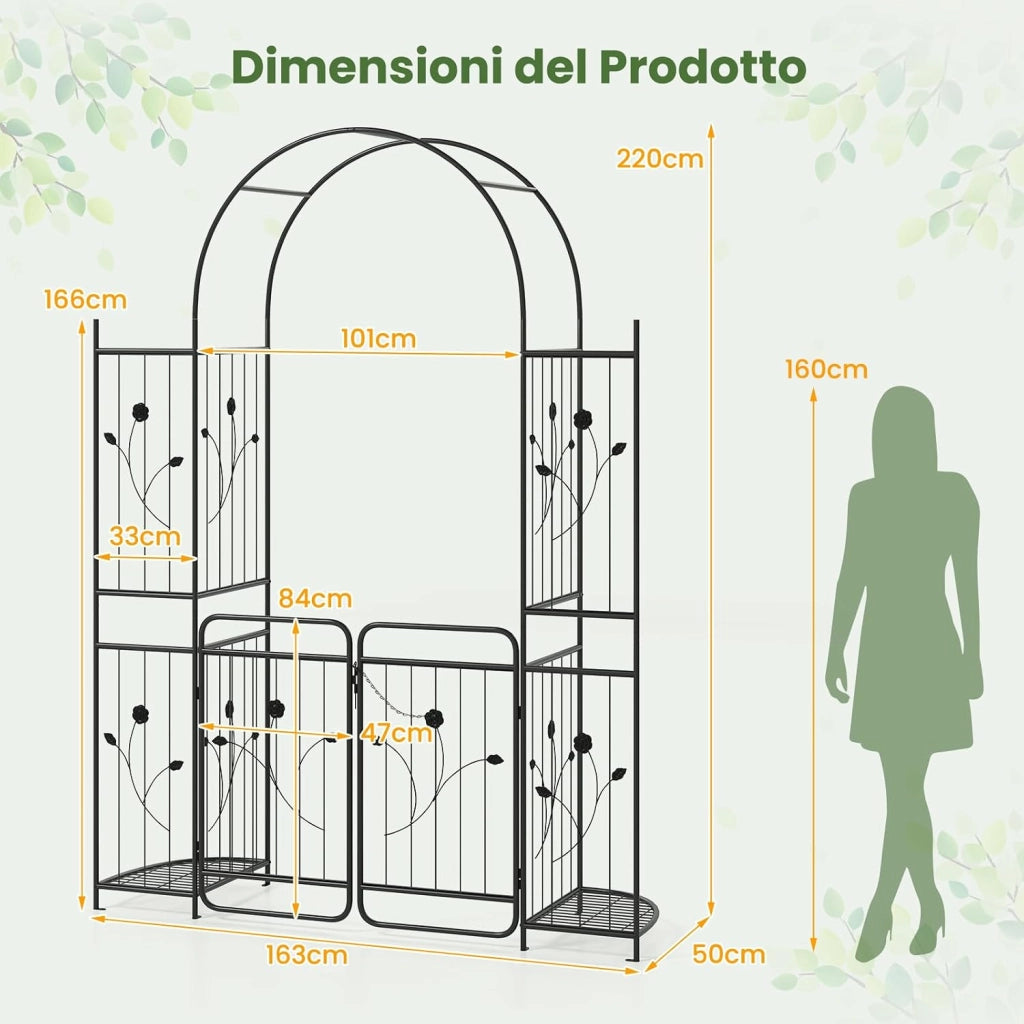 Arco da Giardino 220 cm, Pergolato con Cancello, Ripiani per Piante, Graticci per Rampicanti, Arco in Metallo per Piante Rampicanti da Esterno, Decorazione per Matrimoni e Cerimonie