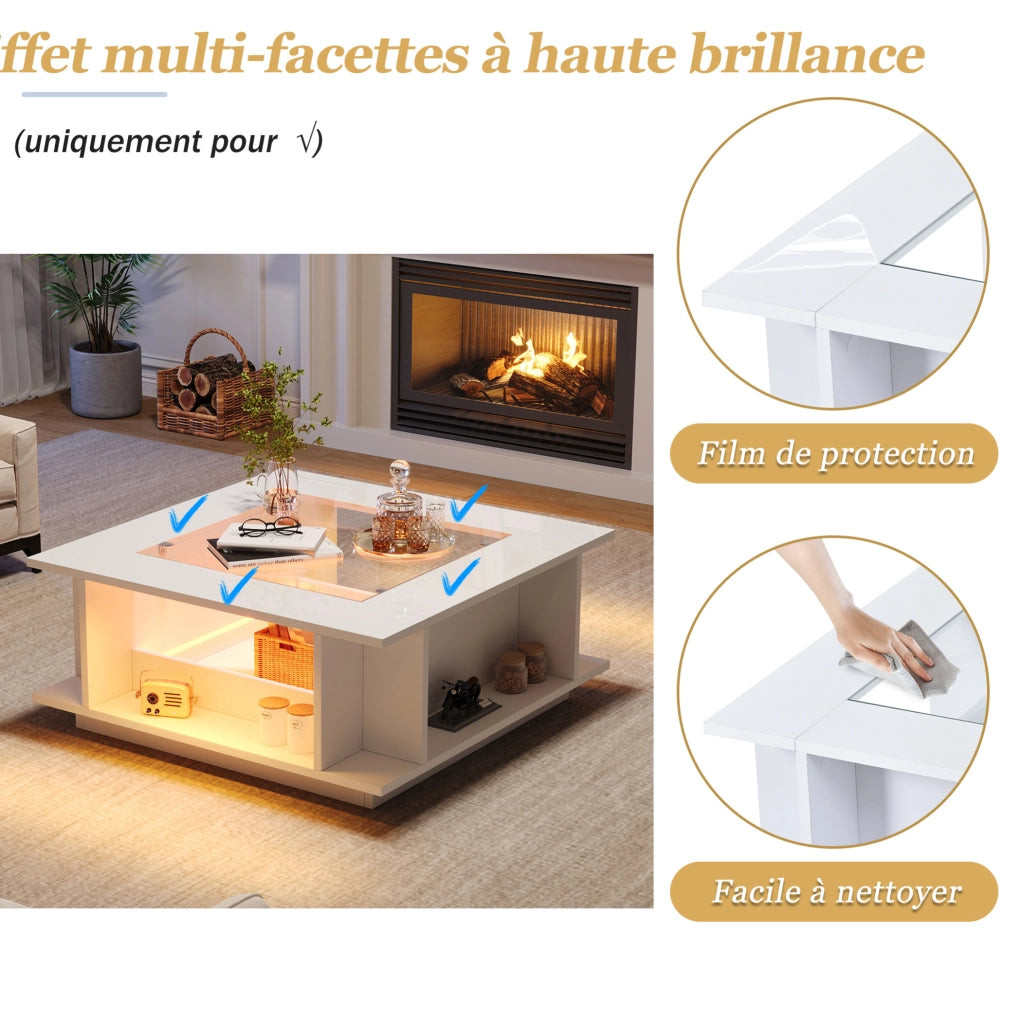 Tavolino da salotto quadrato 70x70x30 cm bianco lucido con piano in vetro e LED