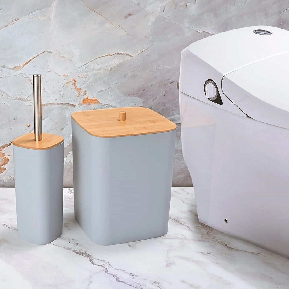 Trade Shop - Set Accessori Bagno In Bambù 6 Pz Moderno Bidone Spazzatura Portasapone Dispenser - Grigio