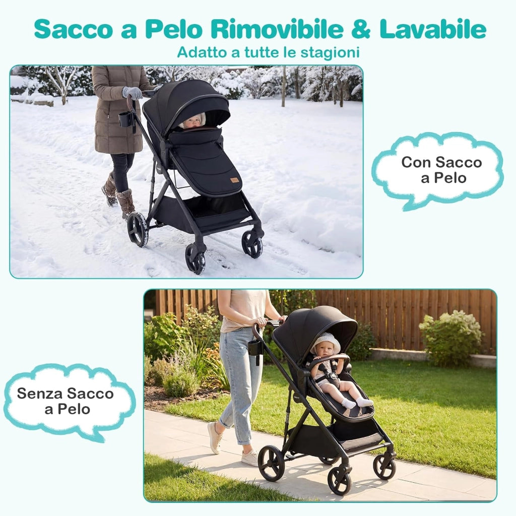 2 in 1 Passeggino Leggero Pieghevole per Bambini, con Schienale Regolabile, Sedile Reversibile, Tettuccio, Cestello Portaoeggetti, per Neonati per 0-36 Mesi (Nero)