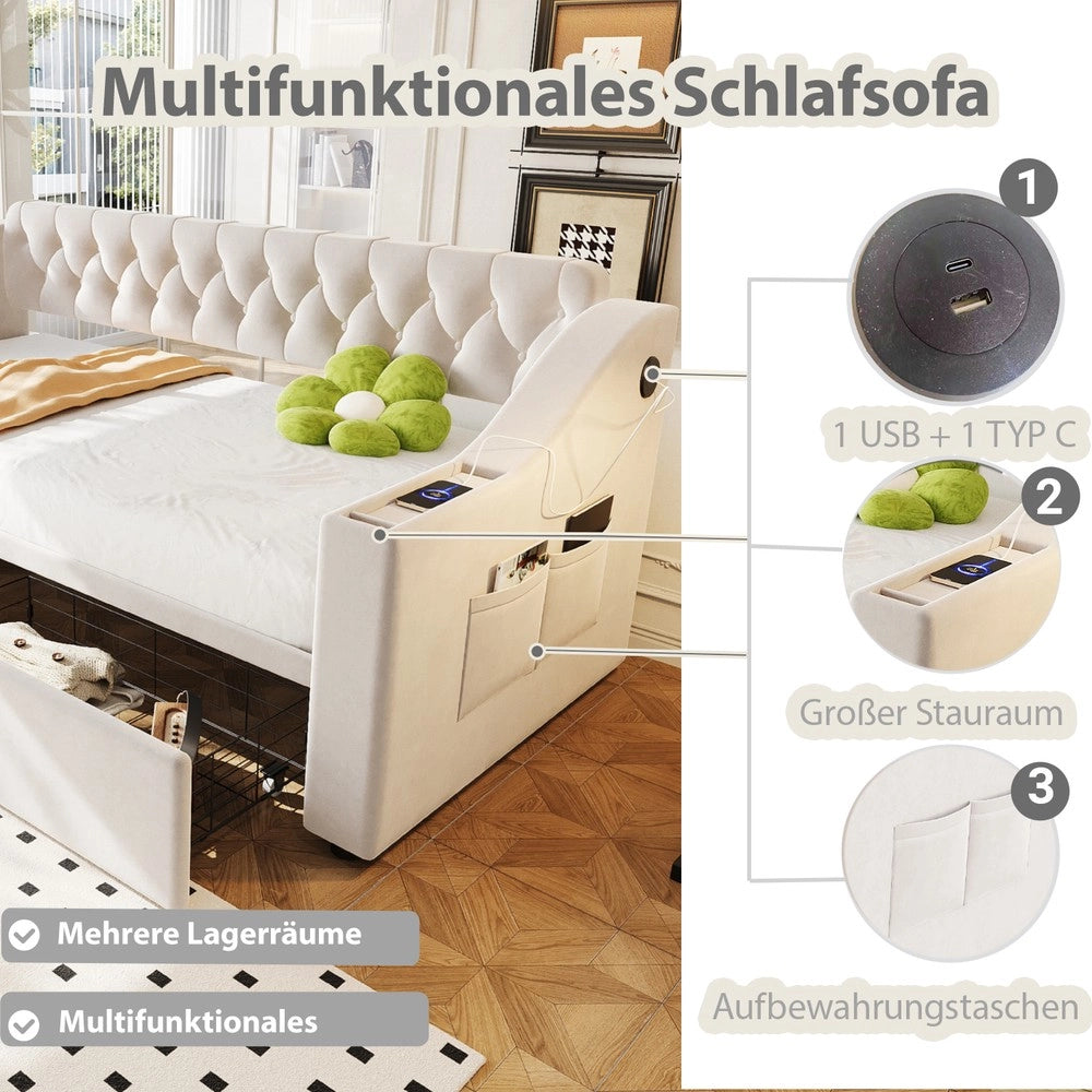 Letto Imbottito con Cassetto e USB ¨C MINIMAL ¨C Velluto Beige 90x190