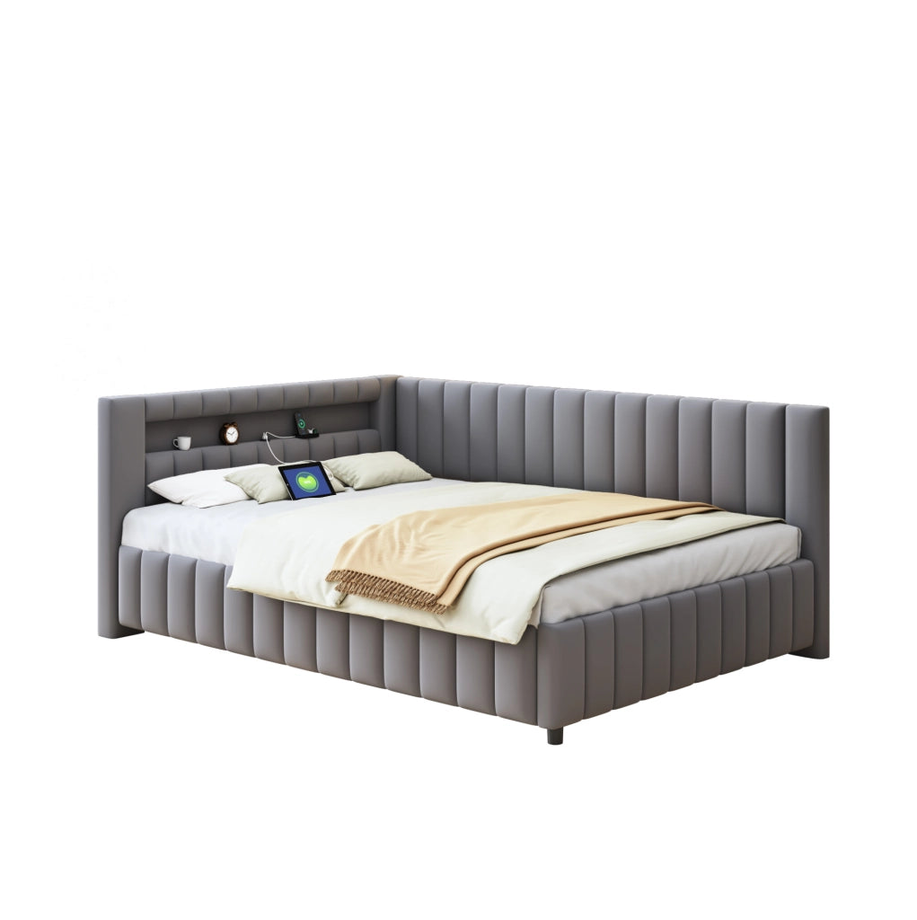 Letto imbottito a L 140x200 cm in velluto grigio con LED e porta USB