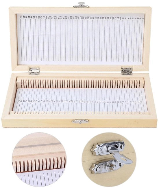 Set di vetrini per microscopio 50 pezzi - Contenitore di conservazione - Vetrini per biologia - Supporto in legno - 23x10,6x3,5 cm - Gommini di scorrimento - Contenitore per microscopio