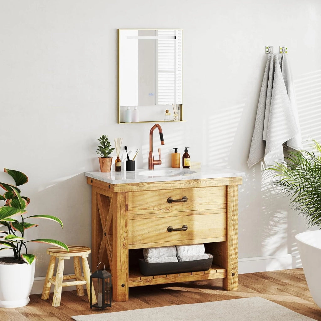 Specchio da Bagno LED 80 x 60 cm con Mensola, Specchio da Trucco con Cornice in Alluminio, Funzione Antiappannamento, 3 Colori di Luce e Luminosità Regolabile