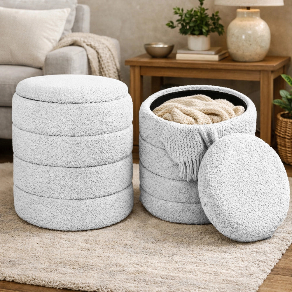 Set 2 Pouf Contenitori Rivestimento Bounclè Bianco Seduta Imbottita Ergonomica