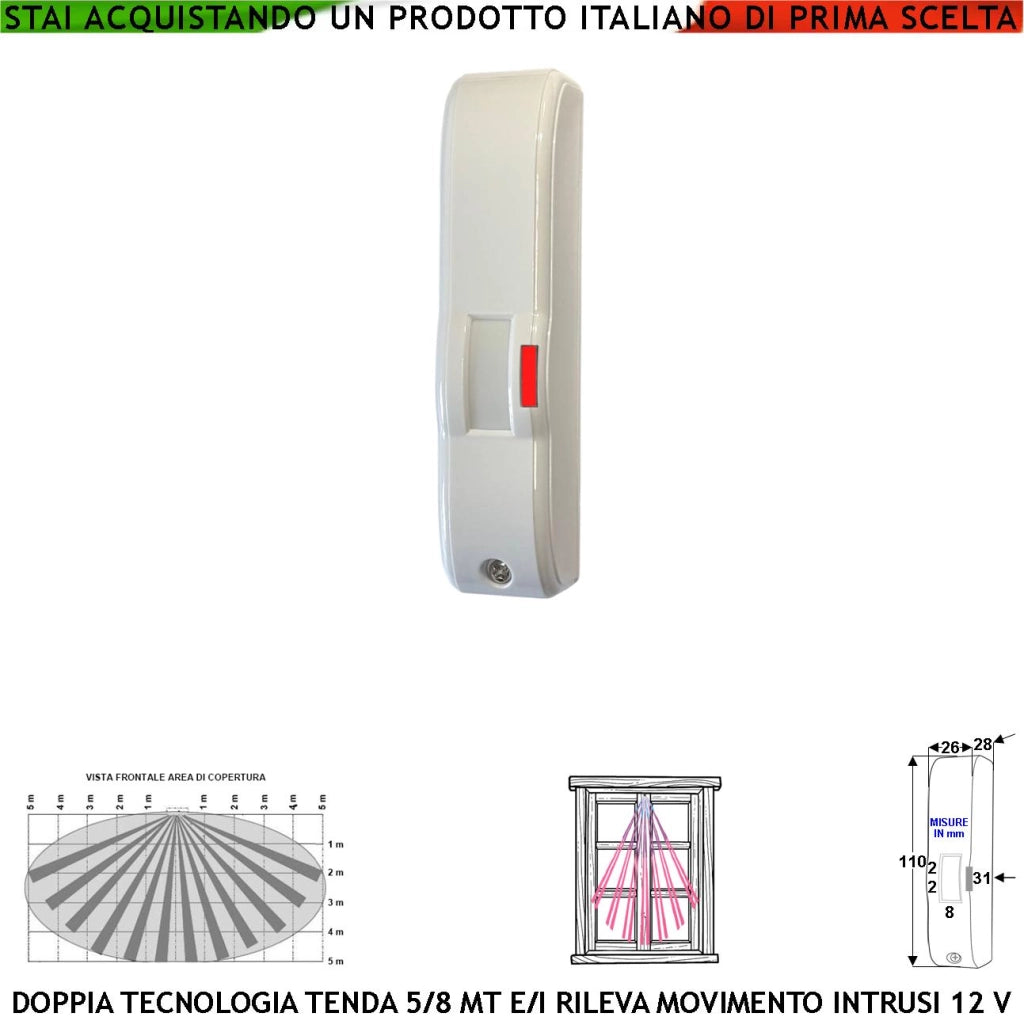 Evita Furto Doppia Tecnologia Tenda Infrarosso e Microonda Portata 5 MT Esterno Vano Finestra Interno Corridoio Scala Rileva Intrusi Ladri Invia Allarme Alimen. 12 V Assor. 10 mA Cover Bianca ABS IP44