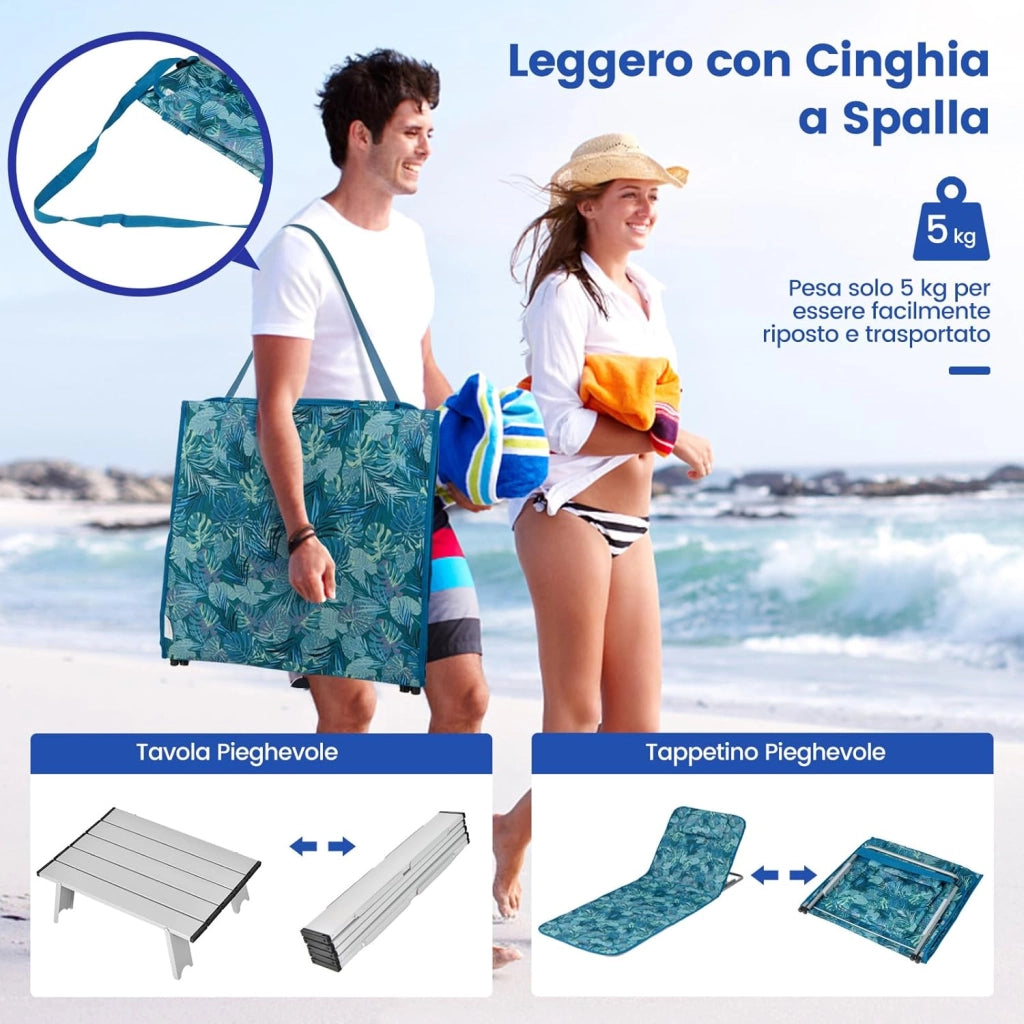 Set 2 Sdraio da Spiaggia con Tavolino, Tappettino Spiaggia Pieghevole con Schienale Reclinabile, Poggiatesta e Tasca Posteriore, Portatile con Manico, per Giardino e Campeggio (Verde)