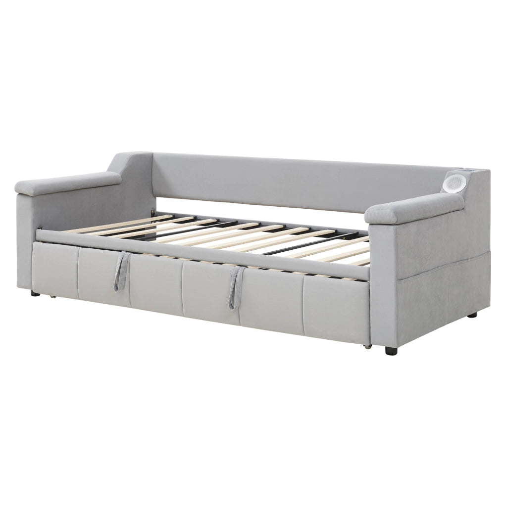 Divano letto multifunzionale 90/180x190 cm in velluto grigio con USB; Bluetooth e contenitori