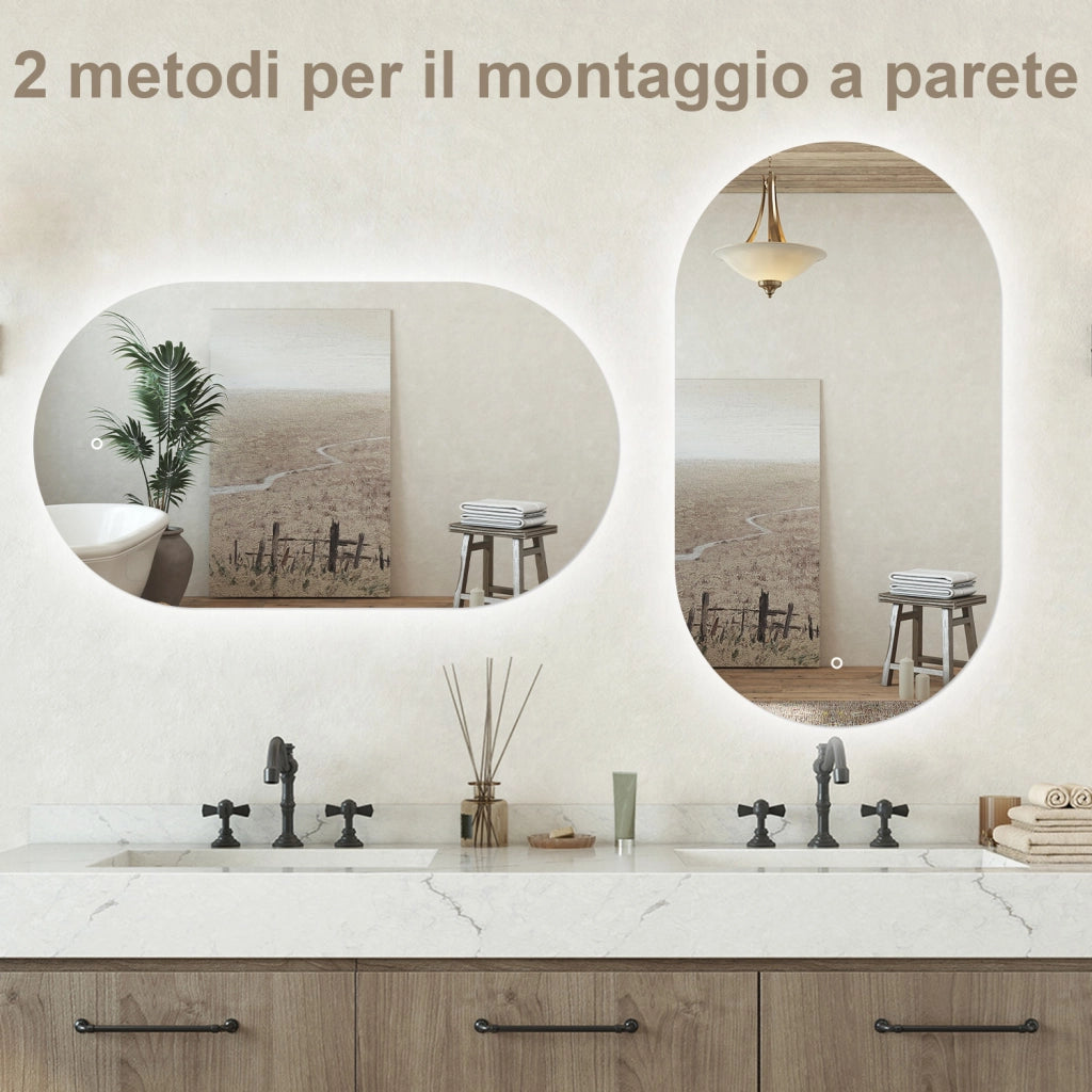 Specchio bagno ovale 60x100 cm con led. Dimmerabile + Touch Control + Bordo non sabbiato + IP44