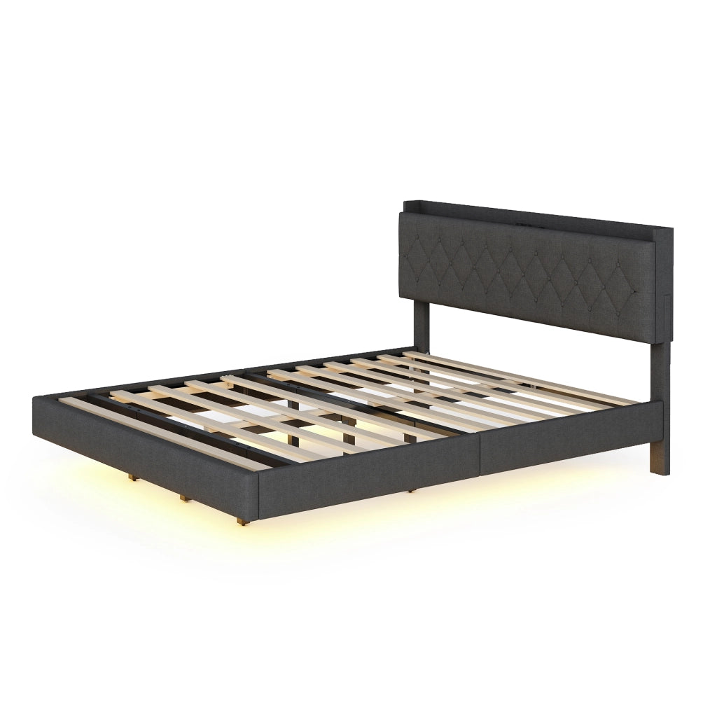 Letto imbottito matrimoniale 160×200 cm con USB; LED multicolore e contenitore; senza materasso; grigio