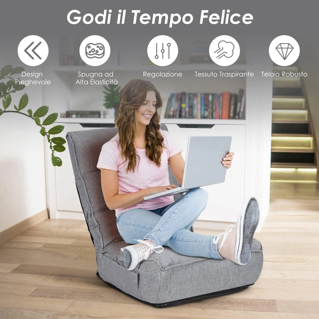 Sedia da Terra Pieghevole, Sedia da Pavimento con Posizioni Regolabili in 4 Posizioni, Poggiatesta Regolabile in 5 Posizioni e Tasca Laterale, Carico Massimo 140 kg (Grigio)