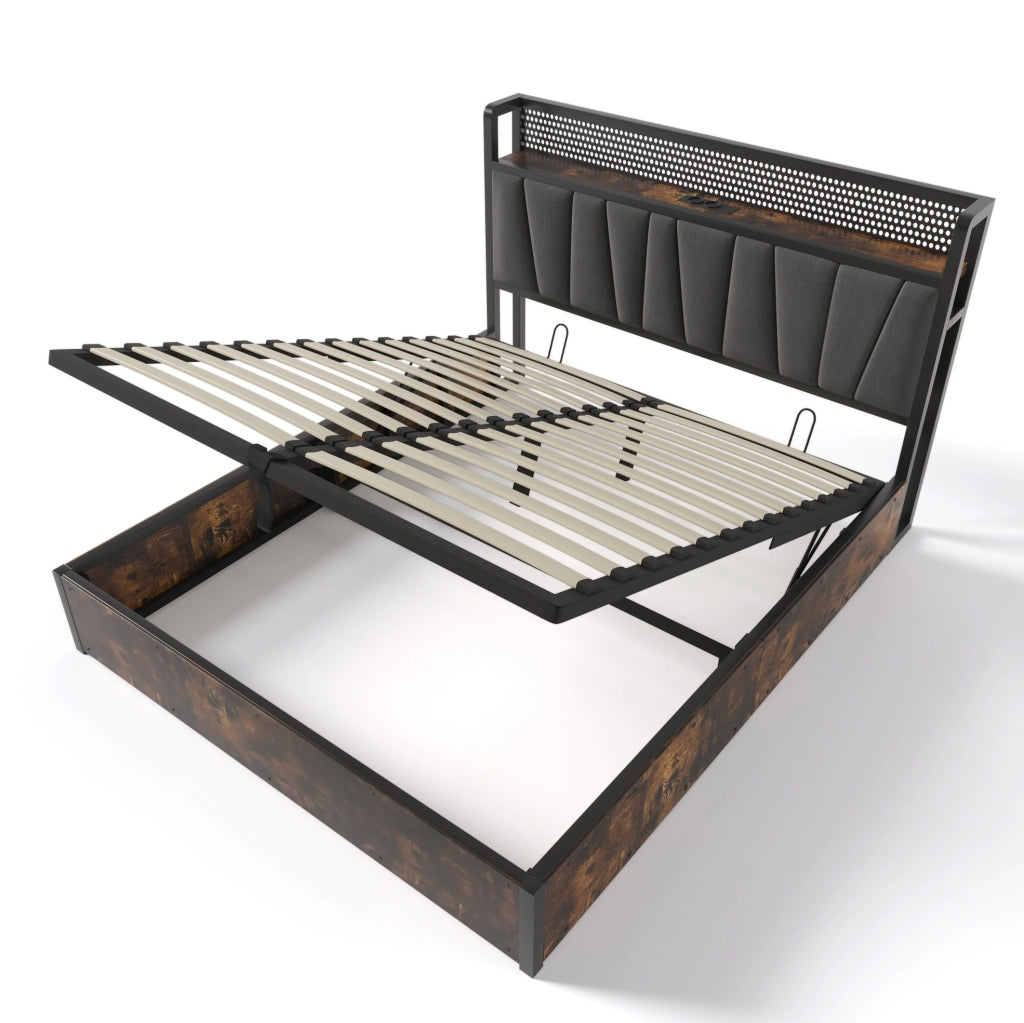 Letto matrimoniale 180x200 cm in tessuto grigio con LED RGBW; prese e USB; contenitore