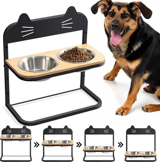 Ciotola per cani regolabile in altezza, Ciotola per cibo con supporto, Stazione per il cibo per cani e gatti, Ciotola per gatti, Ciotola per cibo, 4 ciotole in altezza regolabili con 2 contenitori in acciaio inossidabile, Nero.