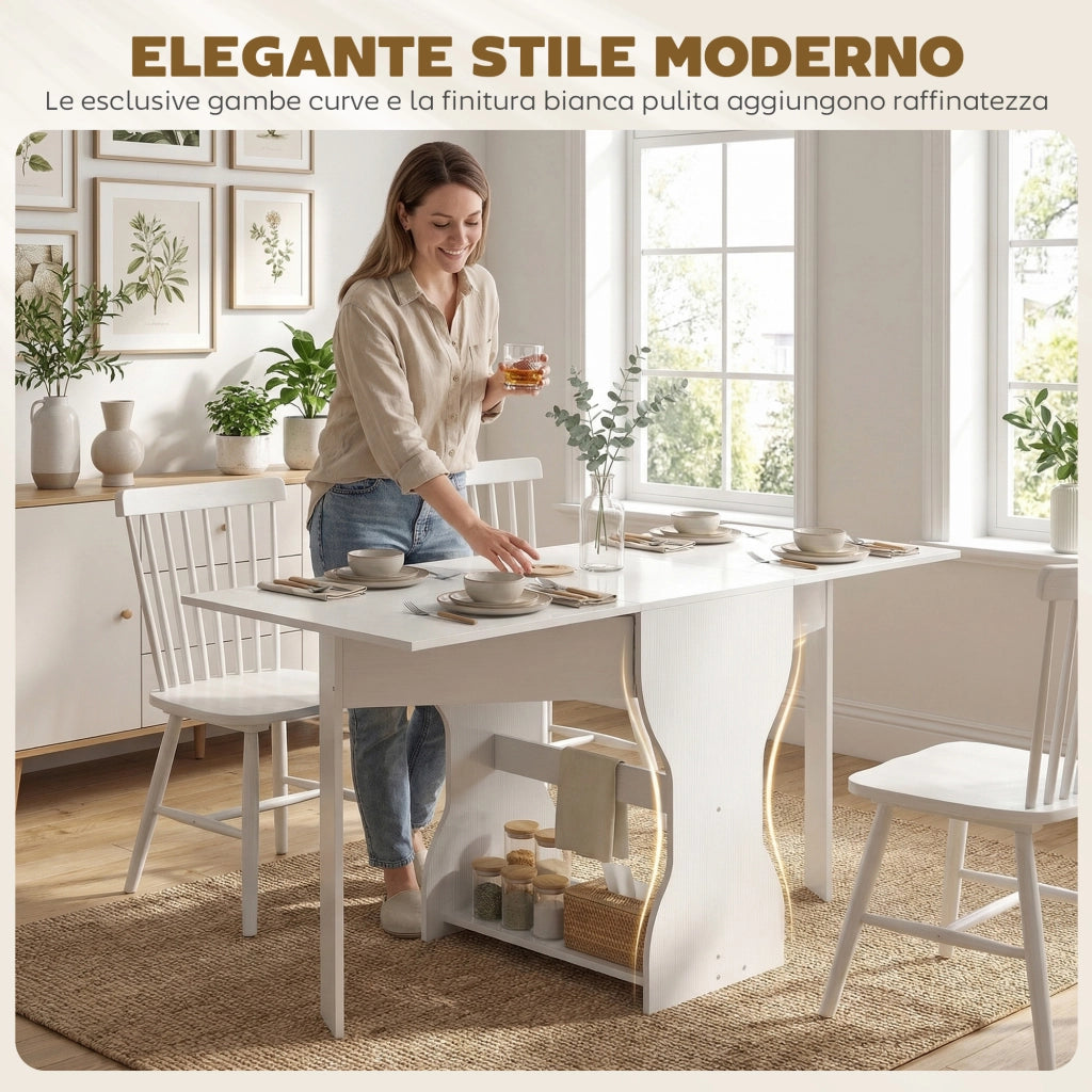 Tavolo da Pranzo Pieghevole 160x60x75 cm per 4 Persone con Ripiano in Legno Bianco