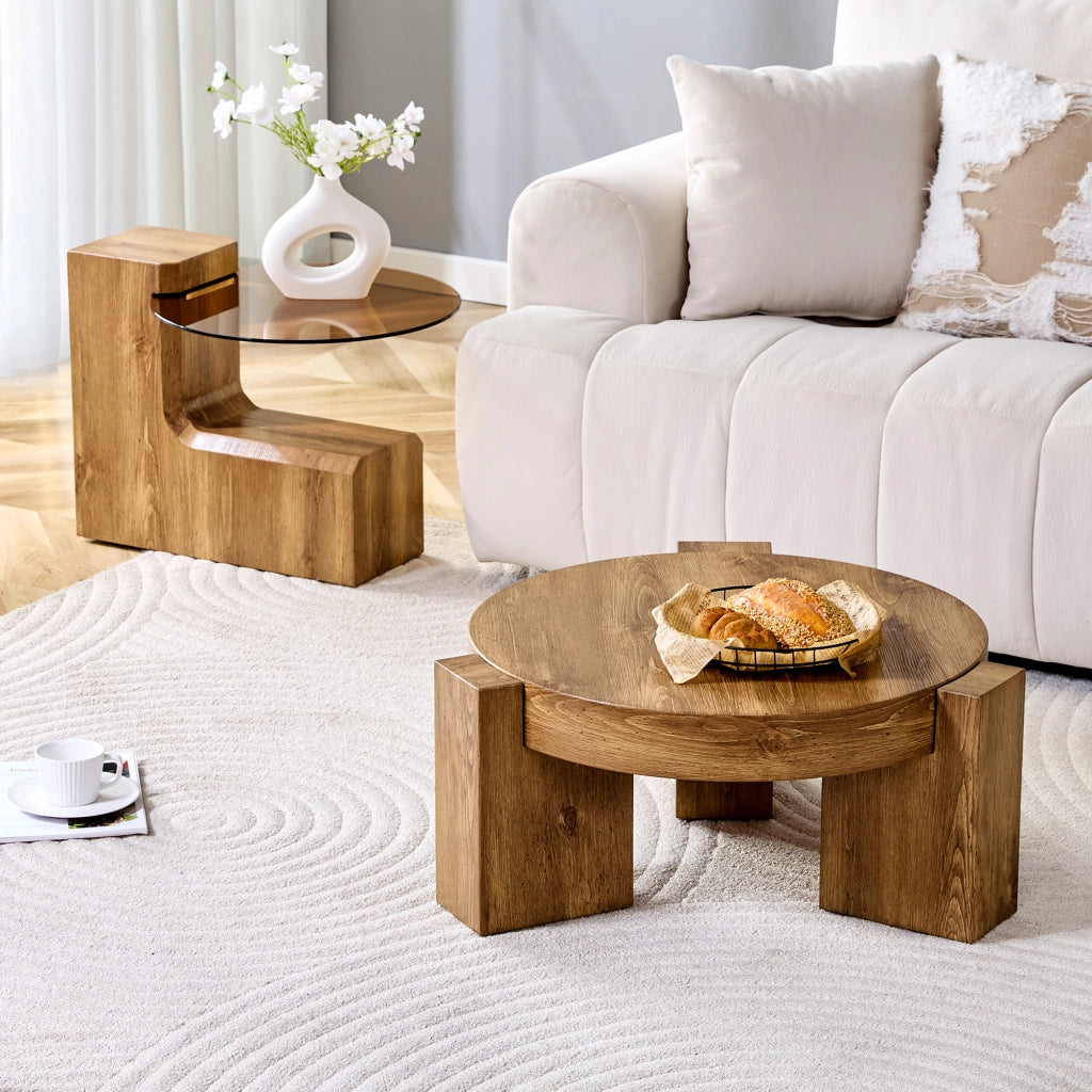 TAVOLINO Set da 2 pezzi rotondo a due livelli 61 cm MDF effetto legno e vetro marrone
