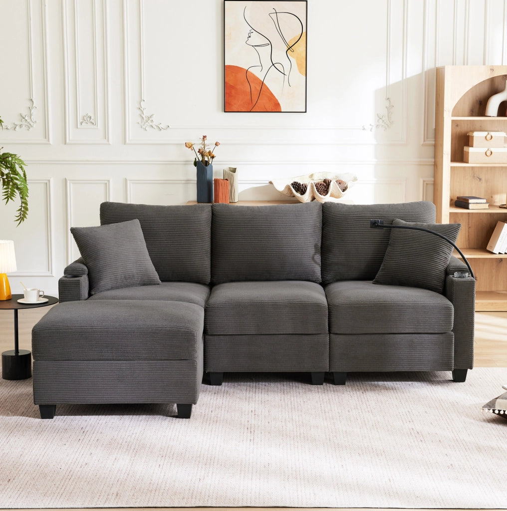 Divano angolare L 213.5x139x87 cm con USB; portaoggetti in corduroy dark gray