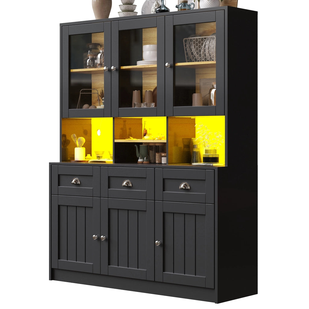 Credenza alta vetrata con LED; 3 cassetti; 6 ante e ripiani regolabili per cucina; 140 × 40 × 175 cm