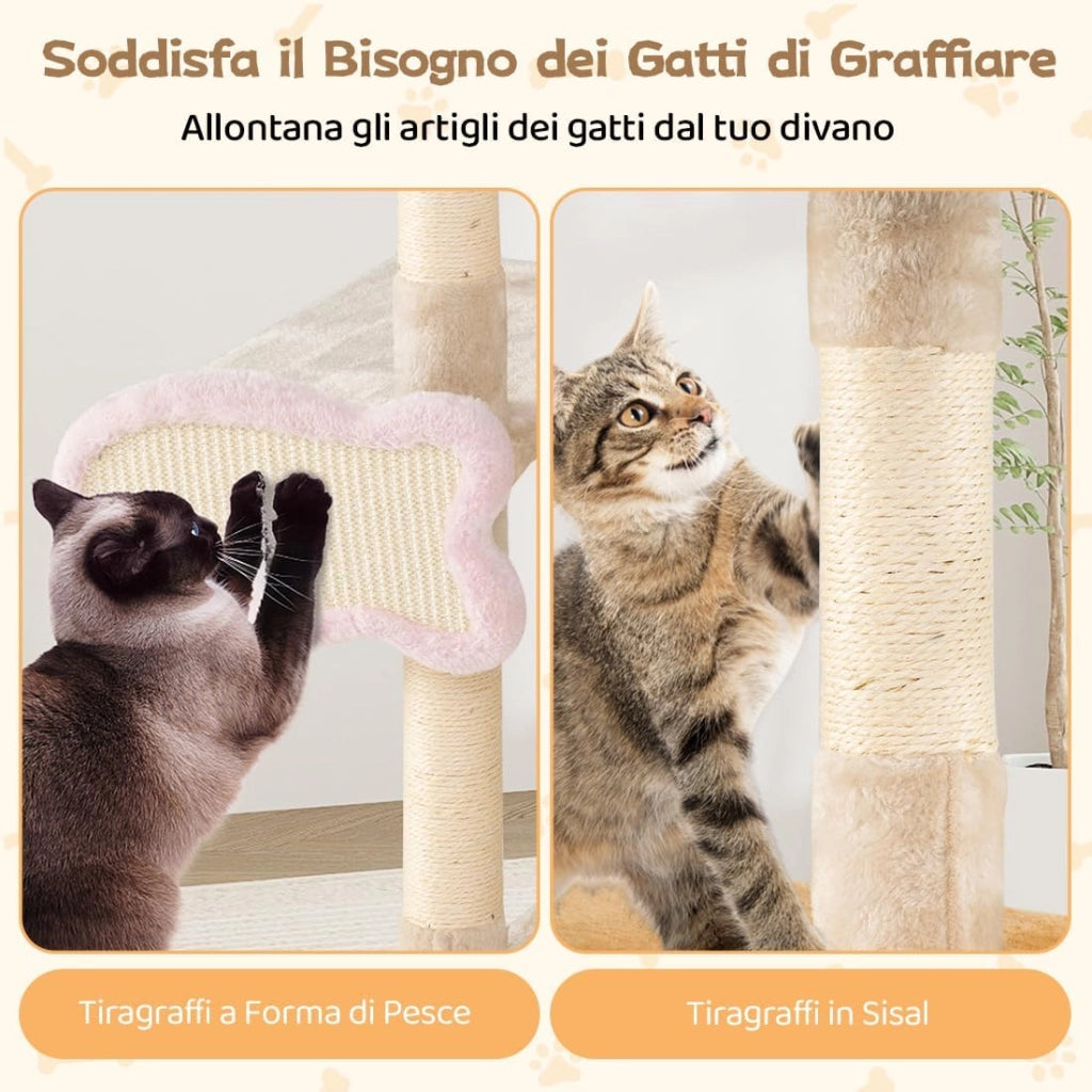 Albero per Gatti da Interno Alto 125 cm, Tiragraffi per Gatti a Più Livelli con Cuscino, Rifugio, Tiragraffi in Sisal a Forma di Pesce, Rampa, Pallina Pendente e Piattaforme
