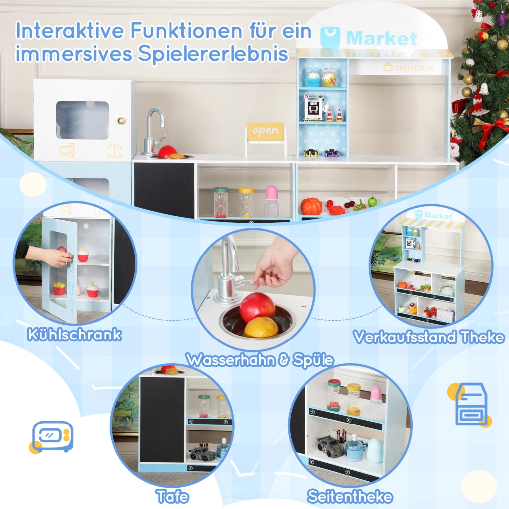 Cucina giocattolo per bambini con scaffali frigorifero lavagna cancellabile banco laterale e rubinetto in MDF blu