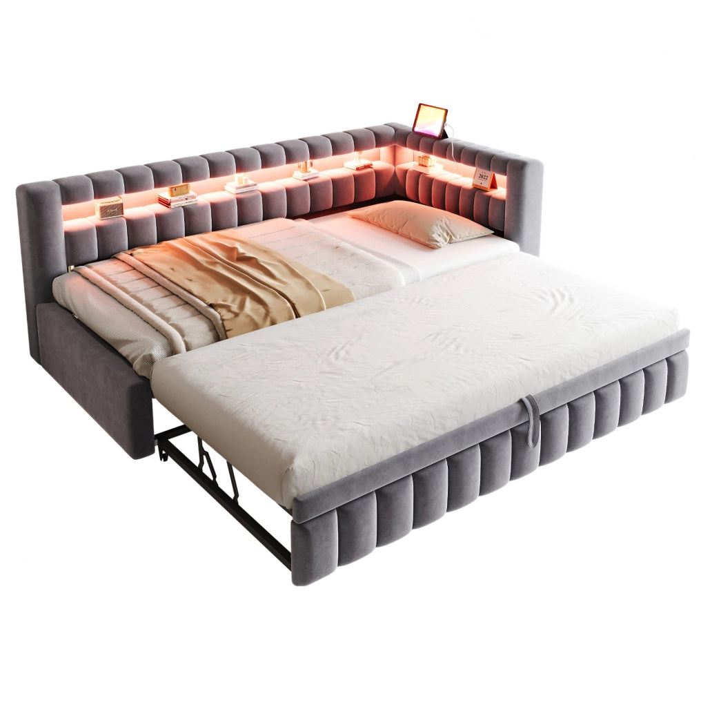 Divano letto 90x200 cm estraibile; con LED e porte USB; in velluto grigio