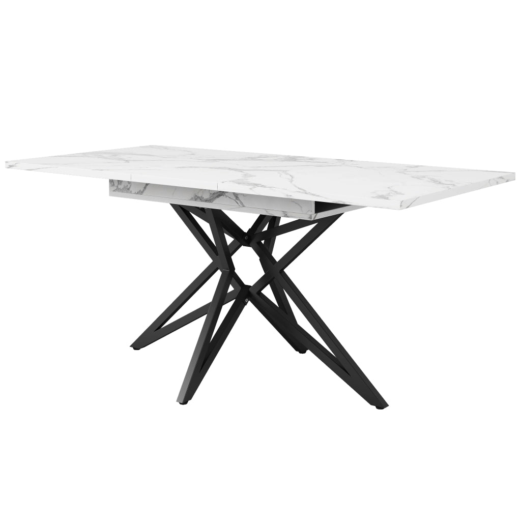 Tavolo allungabile con piano effetto marmo e base a stella in metallo, per sala da pranzo e cucina, bianco