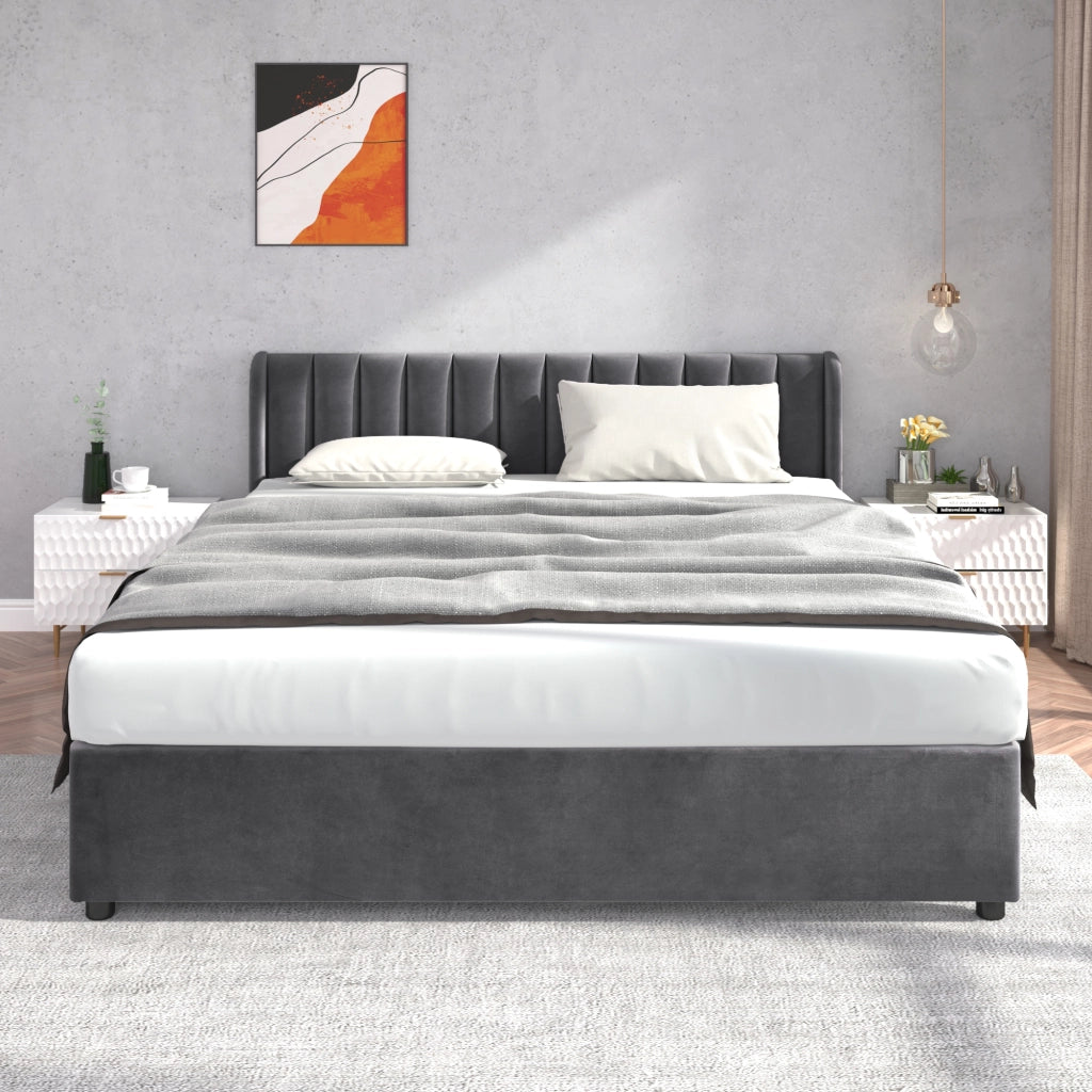 DESMIU Letto Matrimoniale 180 × 200 cm con 2 cassetti, senza materasso, in velluto, grigio