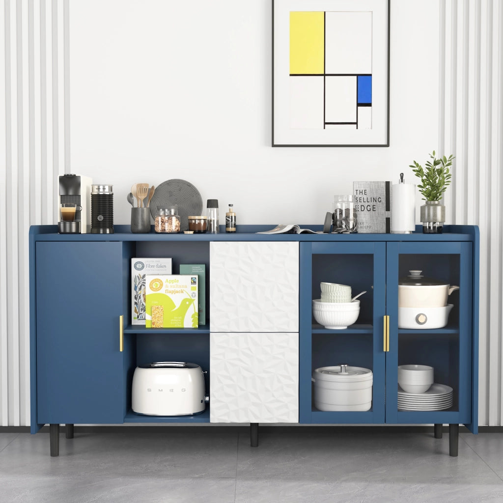 Credenza da cucina con 2 Cassetti; 2 Vani aperti e 2 Ante in vetro per Cucina in MDF Blu