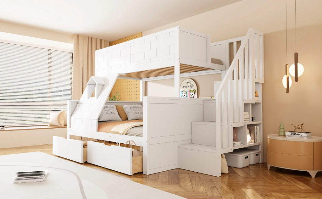 DESMIU Lit superposé 90 × 200 cm con 2 cassetti e scala contenitore, 1 posto in legno, senza materasso, bianco