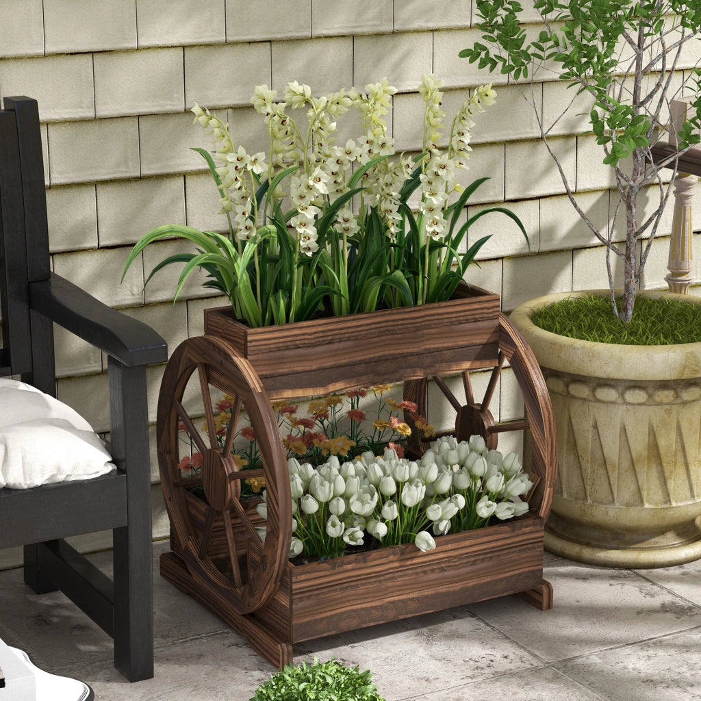 Fioriera in Legno da Esterno a 2 Livelli con 3 Vasi e Ruote di Carro Stile Country, 64x54x60cm