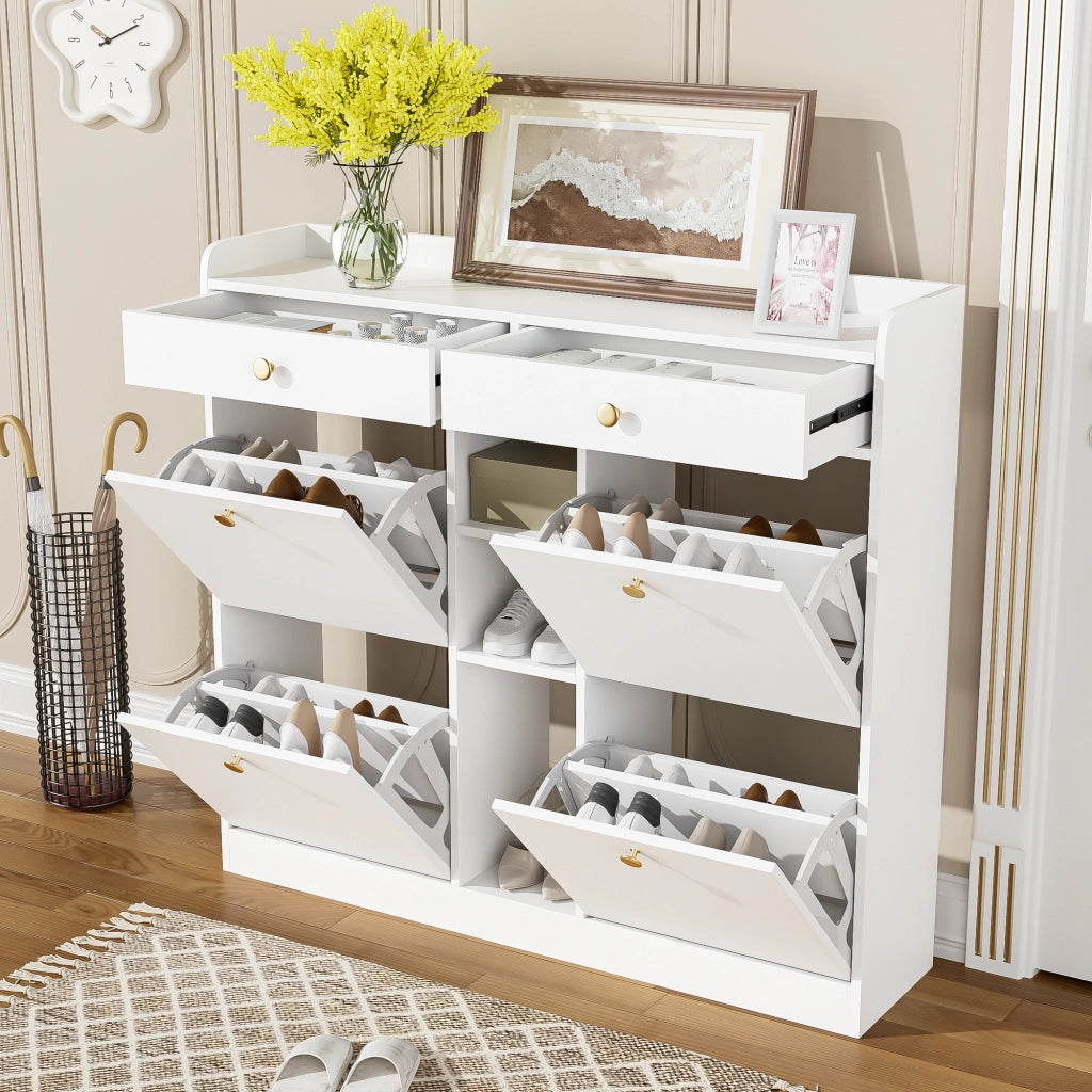 OKWISH Scarpiera con 4 Ante a Ribalta, 2 Cassetti e 3 Vani Aperti, per Ingresso, in Pannelli Truciolari, Bianco, 110×26×100 cm