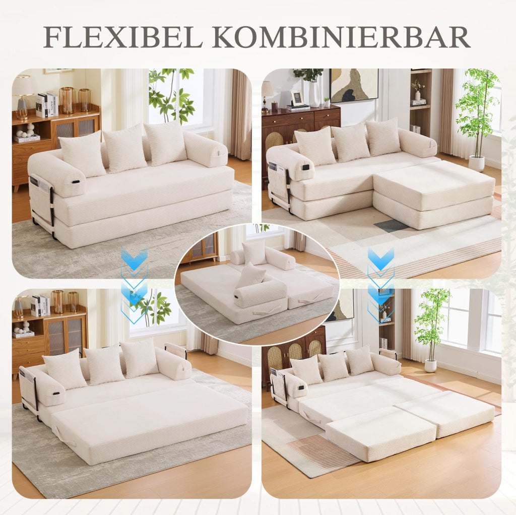 Divano modulare in corduroy beige con struttura in metallo; tasca laterale e 3 cuscini; 200 x 190 x 67 cm