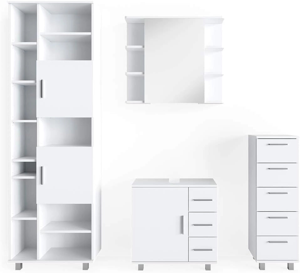 Set mobili bagno Ilias, Bianco, 60 cm, composto da mobile lavabo, pensile a specchio, colonna e base media
