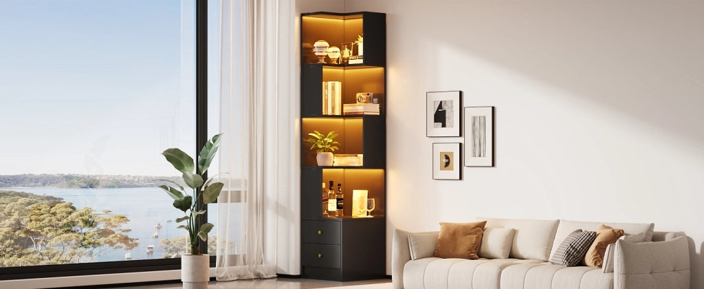 Libreria angolare a L con illuminazione LED controllabile via app, 45 x 43,5 x 180 cm, nero
