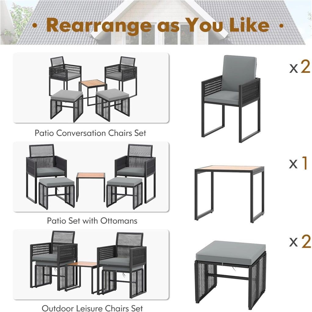 Set di Mobili da Giardino in Rattan per 2-4 Persone, Tavolo da Giardino con Piano in Legno e 2 Sedie (Capacità 180 kg), 2 Sgabelli, 4 Cuscini Rimuovibili, Arredamento da Giardino per Patio