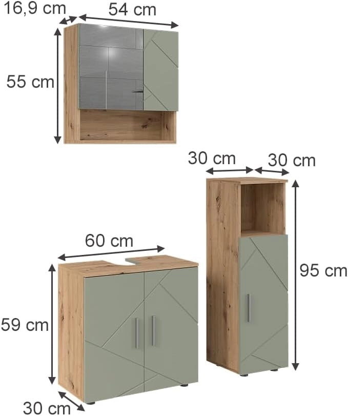 Set di mobili da bagno Irma, Verde salvia, 60 cm, composto da mobile sottolavabo, specchiera e mobile medio