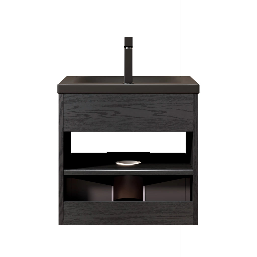 Mobile sottolavabo da bagno con lavabo integrato, cassetto e ripiano aperto, per bagno, nero e rovere scuro, 59 × 55 × 63 cm