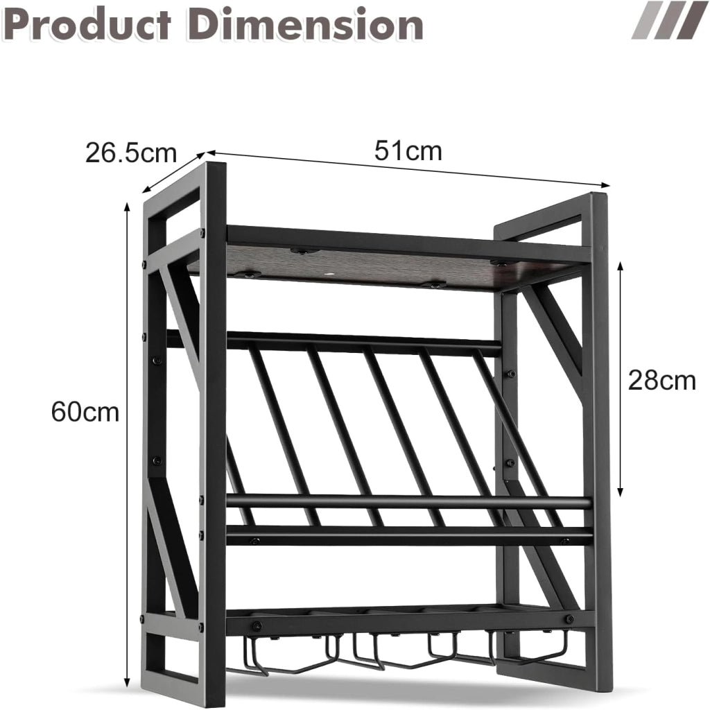 Scaffale Per Vino a Parete Con Supporto In Vetro, Per 10 Bottiglie Di Vino e 12 Bicchieri Da Vino, Mensola Da Parete, Scaffalatura Da Parete Industriale Sospesa, 51 x 26,5 x60,5 cm