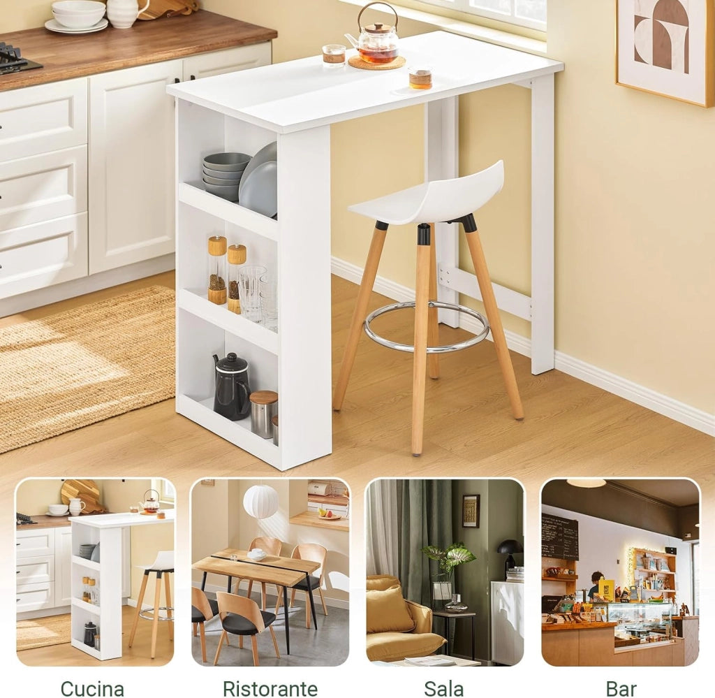 Tavolo Alto da Cucina, Tavolo da Bar Moderno con Ripiani di Stoccaggio, Design Salvaspazio per Cucina Piccola, Soggiorno, Angolo Bar o Studio Bianco 112 x 57 x 106 cm FWT17-II-W