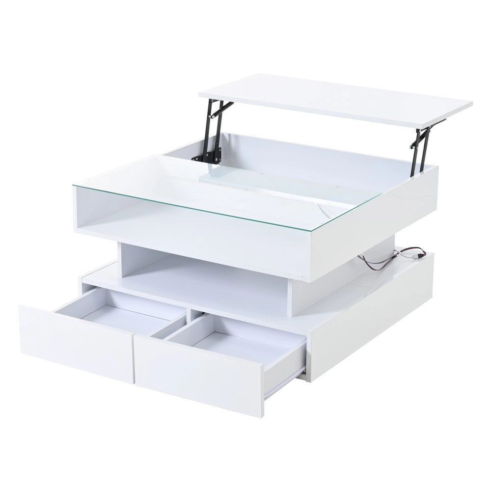 Tavolino da Caff¨¨ con LED e 2 Cassetti ¨C MINIMAL ¨C Vetro Temperato Bianco Lucido 80x80x45