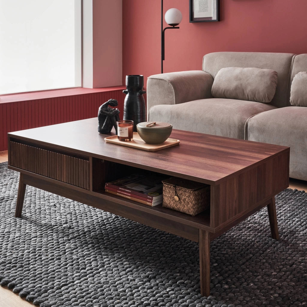 Tavolino scandinavo, decoro in legno scanalato, 2 nicchie, 1 cassetto,
