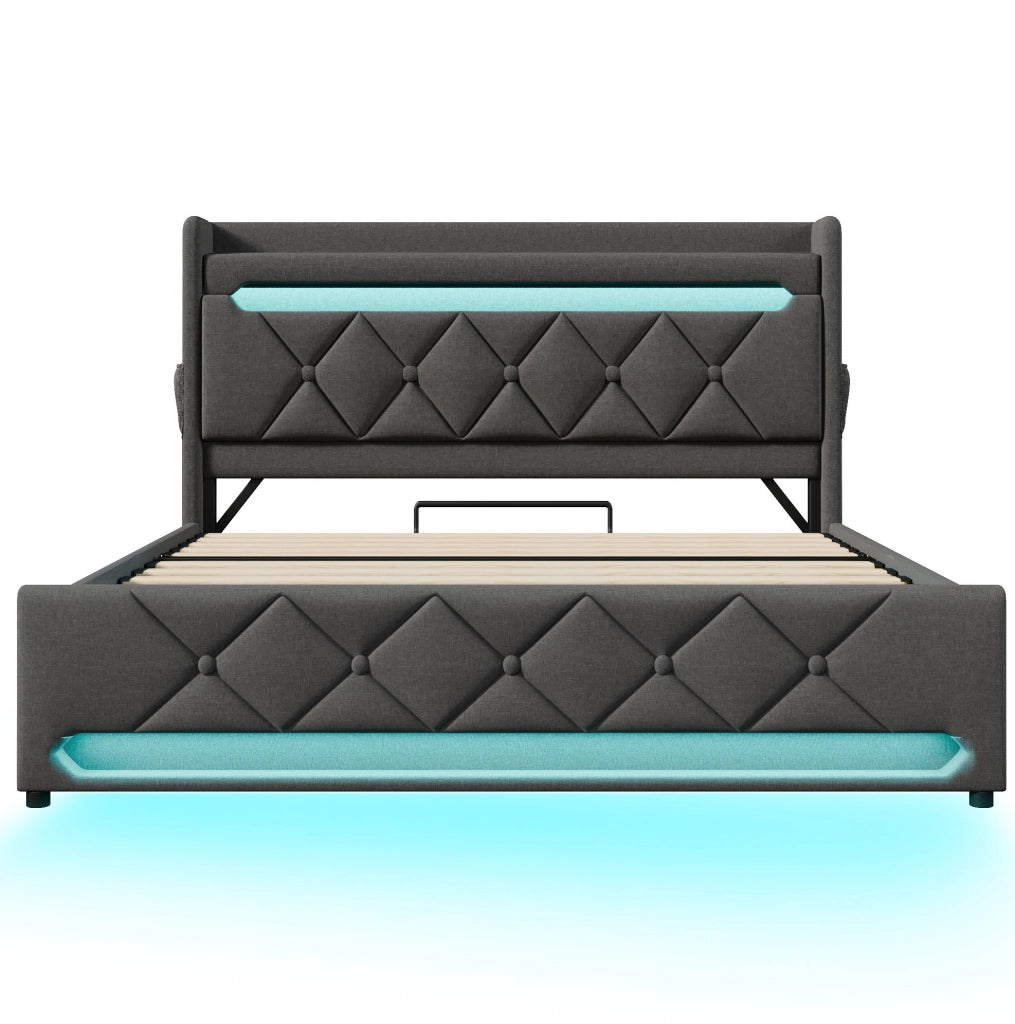 Letto matrimoniale 180x200 cm in lino grigio con contenitore; testiera con USB e LED
