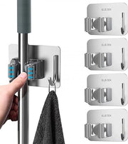Sistema di appoggio per spazzola - 4 pezzi - Supporto per strumenti - 4 Orecchioni 4 Ganci - Sistema di appoggio per spazzola - Appoggio per porte - Sulle pareti - Adesivo autoadesivo - per cucina, giardino, bagno, garage, balcone, ufficio, grigio