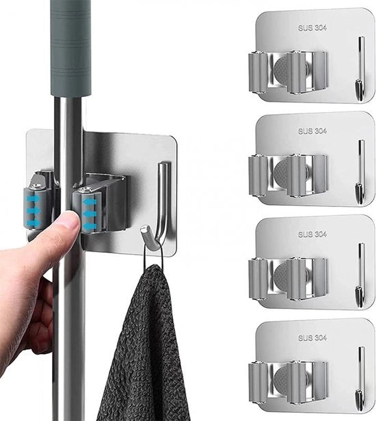 Sistema di appoggio per spazzola - 4 pezzi - Supporto per strumenti - 4 Orecchioni 4 Ganci - Sistema di appoggio per spazzola - Appoggio per porte - Sulle pareti - Adesivo autoadesivo - per cucina, giardino, bagno, garage, balcone, ufficio, grigio