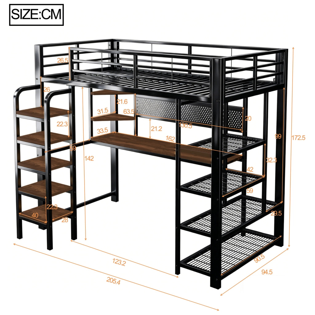 Letto a soppalco singolo 90 × 200 cm con scrivania, LED regolabile, prese integrate e ripiani, senza materasso, nero